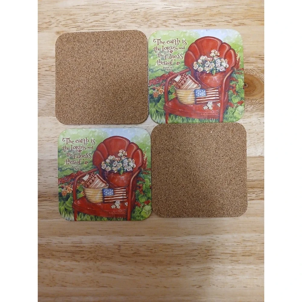 Drink Coasters Set of 4 Cork Backing Beverage Coaster Religious Psalm 24:1